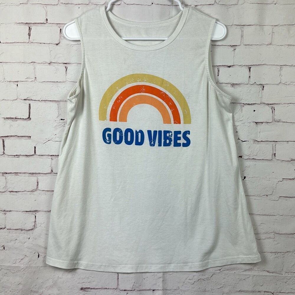 Good Vibes Tank Top Womens Rainbow Sleeveless Stretch Graphic Medium White